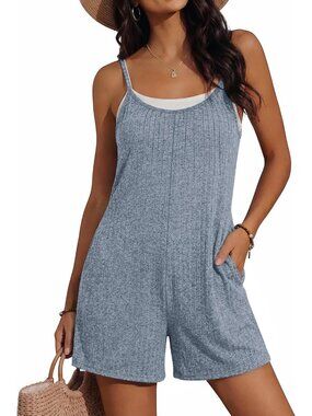 Womens Light Blue Summer Casual Loose Sleeveless Overall Adjustable Short Romper